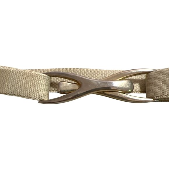 Vintage Double Wishbone Buckle Gold-Tone Interlocking Clasp Beige Elastic Belt - Picture 1 of 6